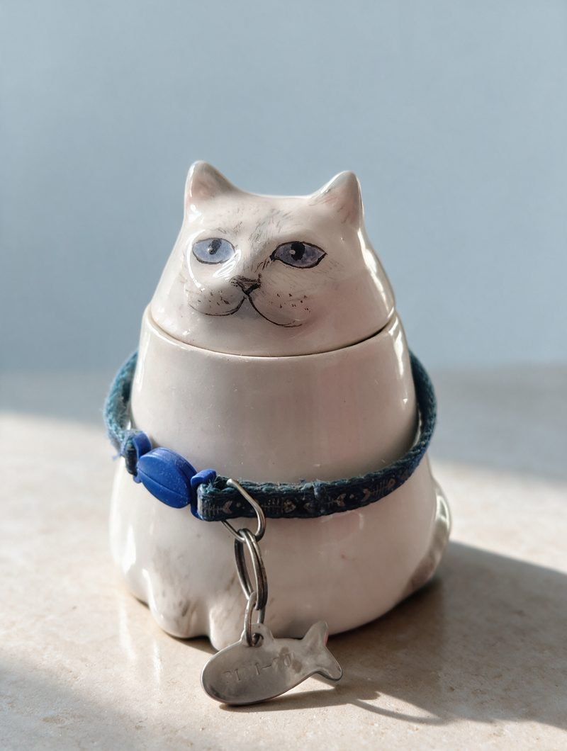 Urna de cerámica de un gato blanco con ojos azules y su collar azul con placa