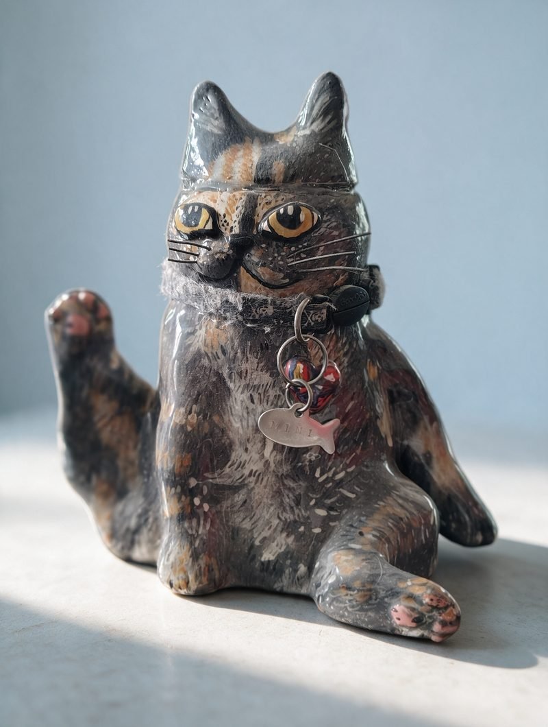 Urna de cerámica de cuerpo completo de una gata carey, pintada a mano pelo por pelo