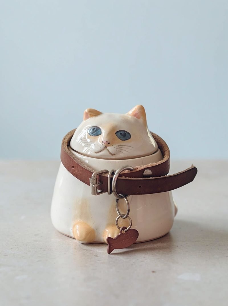 Urna de cerámica de gato con su collar de piel café y placa de pescadito